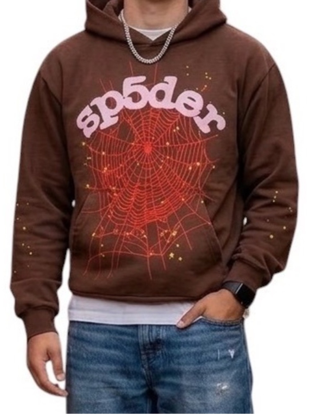 Brown Graphic Hoodie with Pink Web Print - Picture 2 of 4